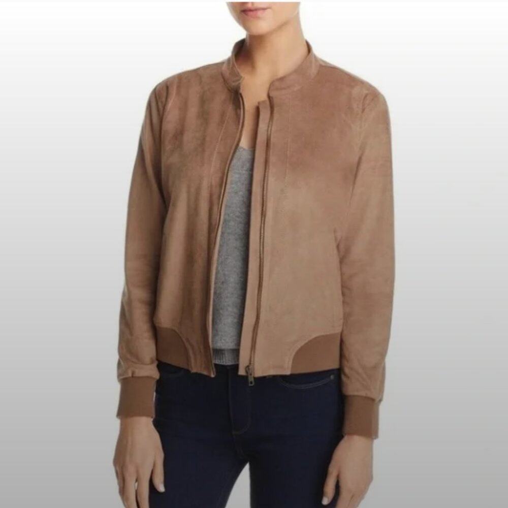 LYSSE Women's Vegan Suede Bomber Crop Jacket Brown Size M